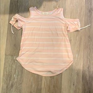 Pink and white off the shoulder shirt